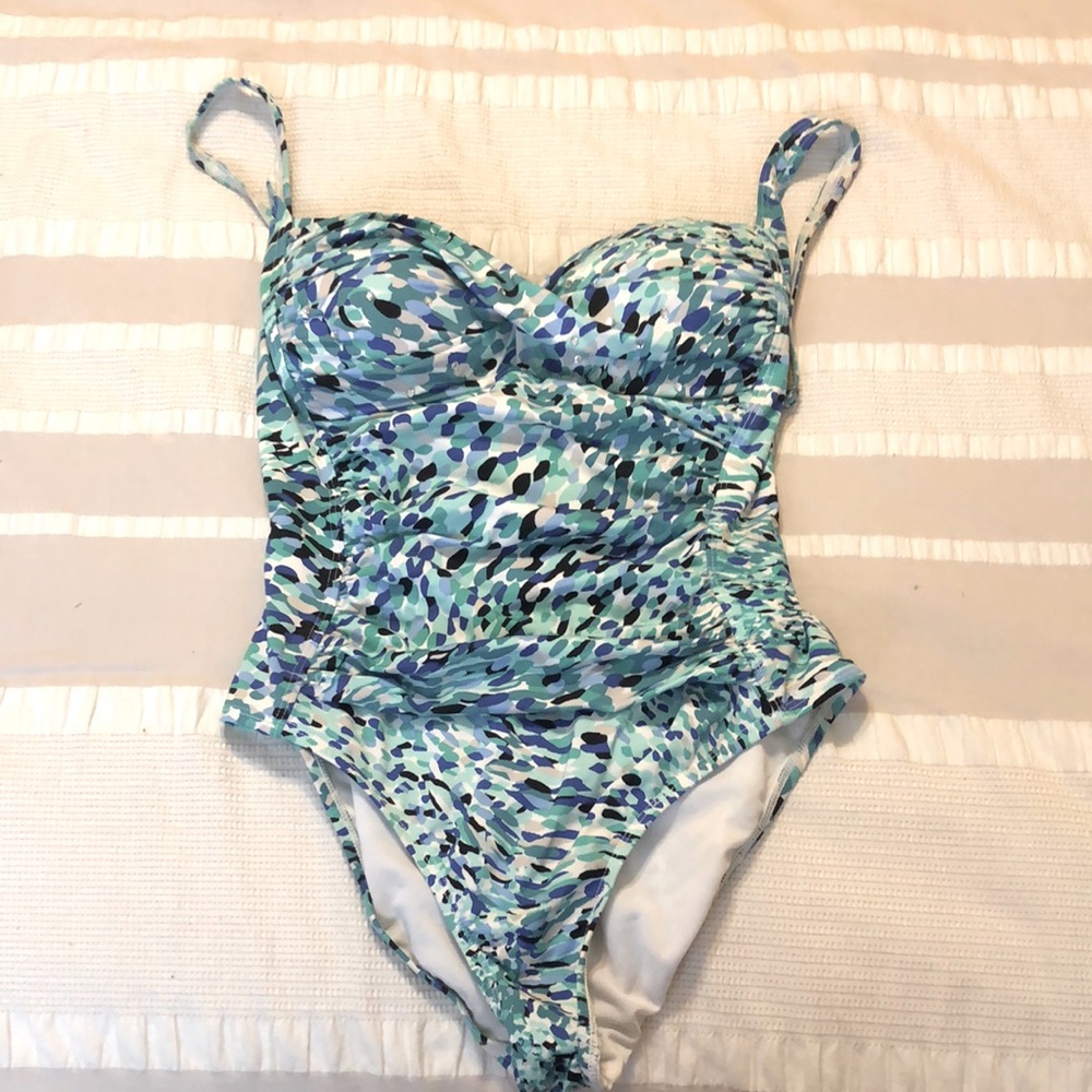 White House black market one piece swimsuit blue mosaic print